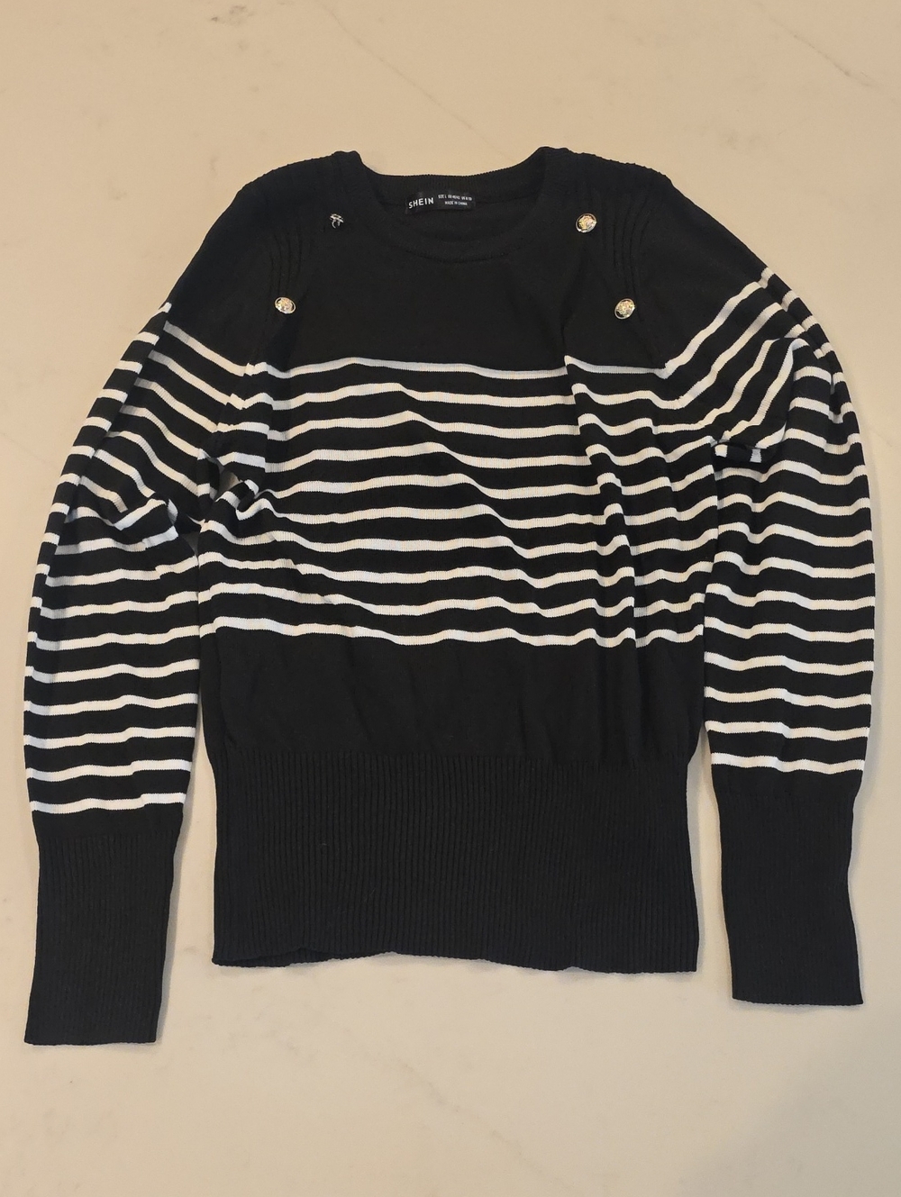 NWOT SHEIN Black and White Striped Crewneck Sweater with Button Accents